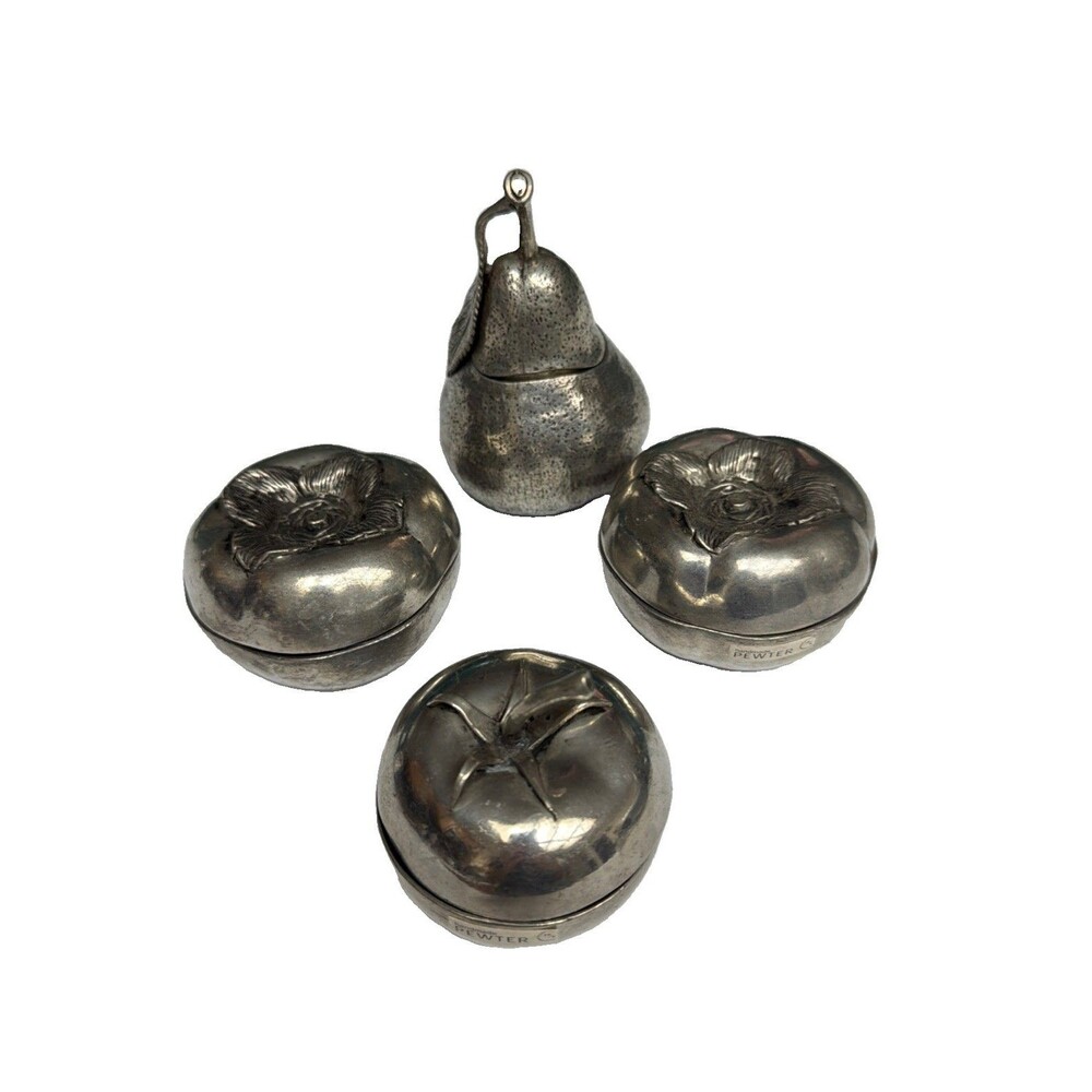 Vintage Mid Century Pewter Fruit Trinket Boxes Set of 4 Tomato Pear Persimmon